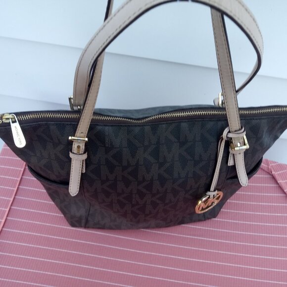 Michael Kors Jet Set Tote Shoulder Bag Brown MK Signature Logo Side Pockets - Picture 3 of 9